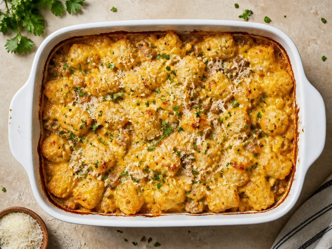A foil-covered frozen tater tot casserole going into a preheated oven