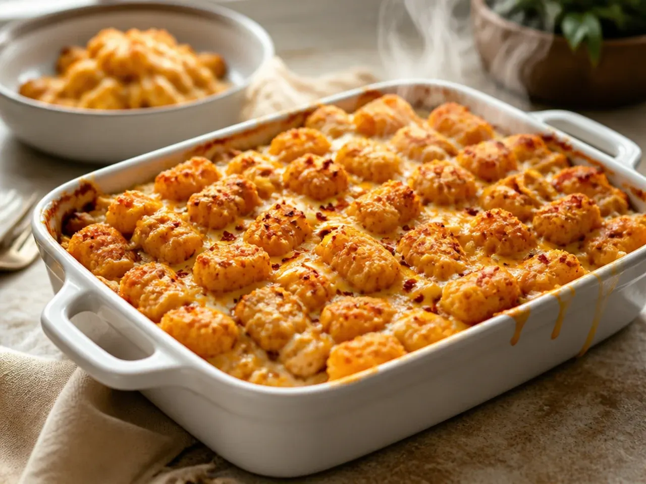 A portion of leftover tater tot casserole reheating in the oven on a small baking tray
