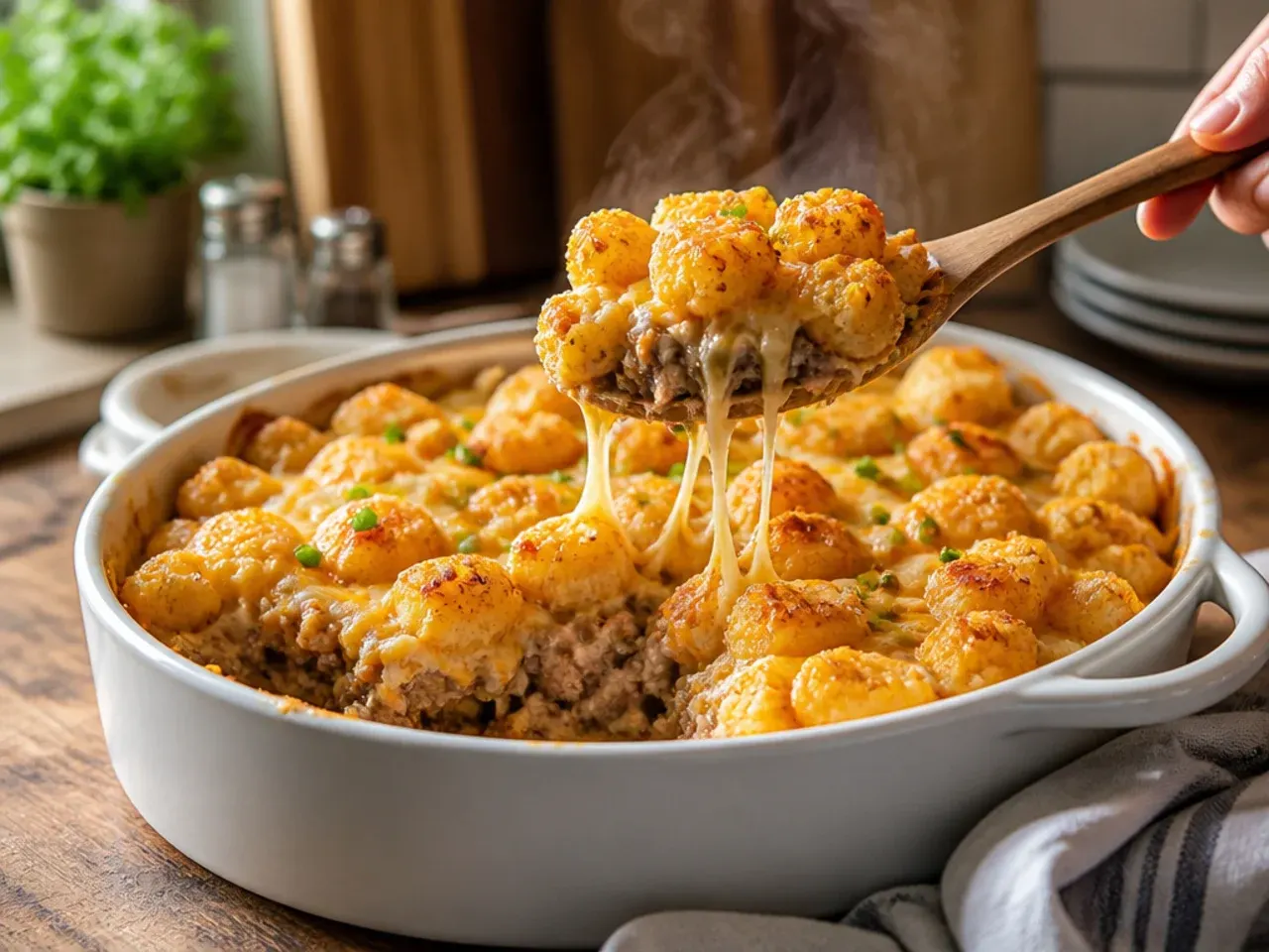 A finished cheesy tater tot casserole with a portion served on a plate beside the baking dish