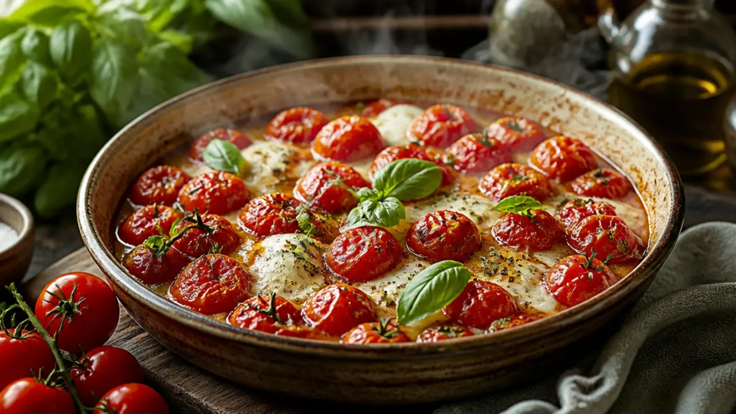 A skillet of burst cherry tomato pasta tossed with basil and parmesan, surrounded by whole cherry tomatoes on the vine
