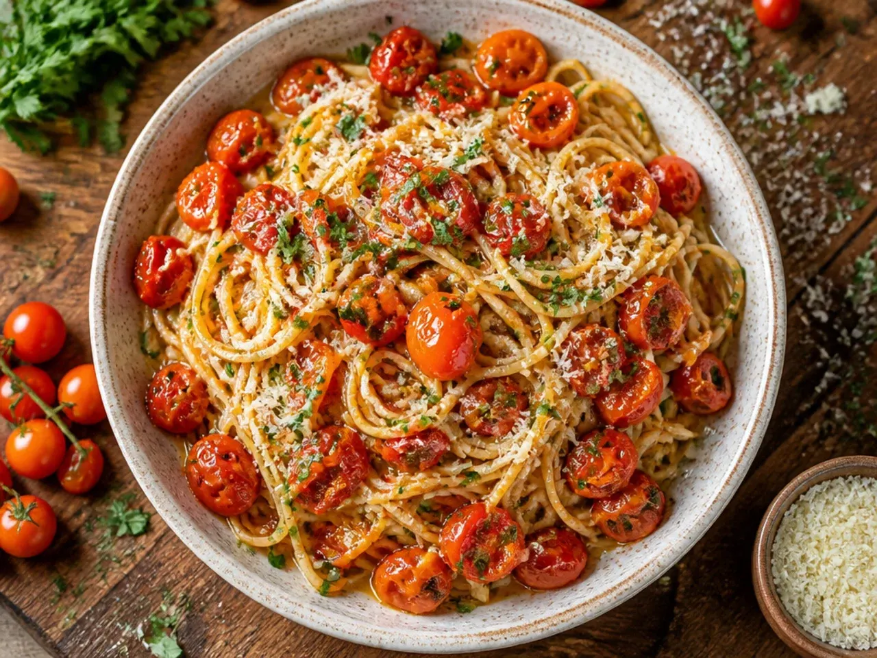 Close-up of cherry tomatoes bursting in a skillet with sliced garlic and olive oil
