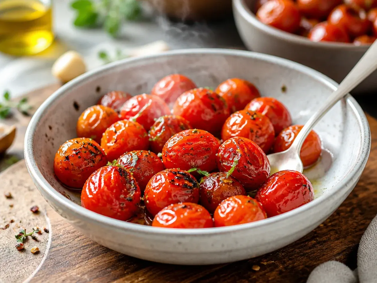 Whole cherry tomatoes blistering and splitting in a hot dry skillet