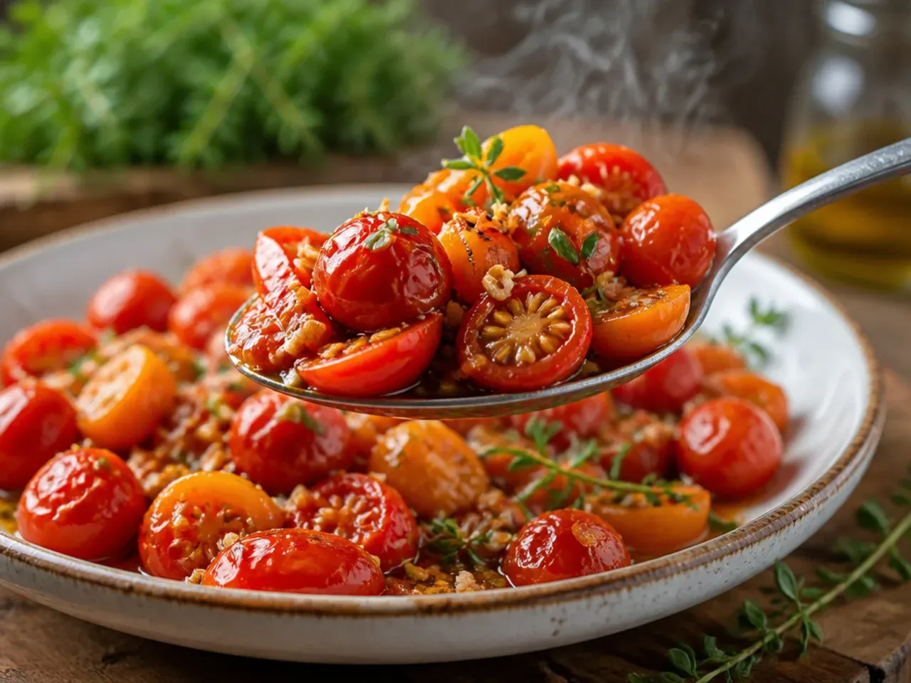Bowl of halved cherry tomatoes marinating in balsamic vinegar, olive oil and torn basil