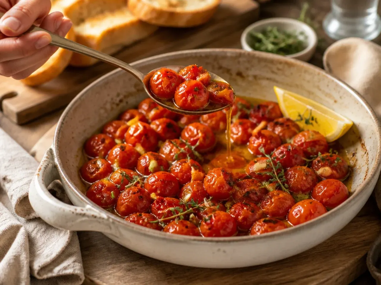 Baking dish of cherry tomatoes and garlic cloves submerged in olive oil, ready for slow roasting