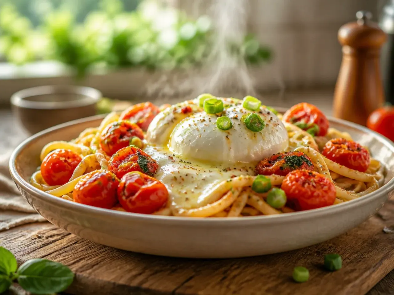Plate of pasta topped with torn burrata melting into a burst cherry tomato sauce