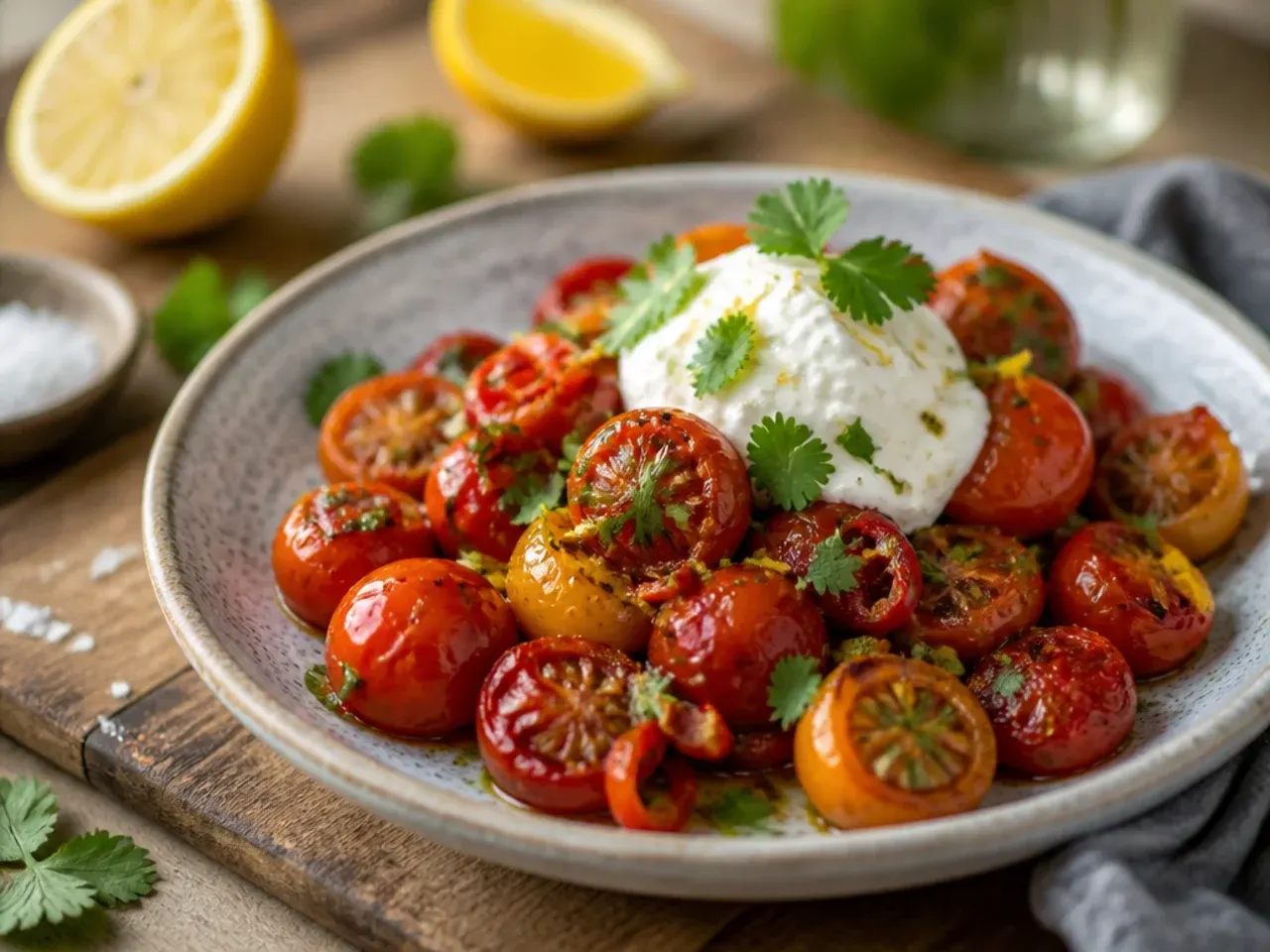 Skillet of cherry tomatoes with lemon zest and red chilli flakes scattered over the sauce
