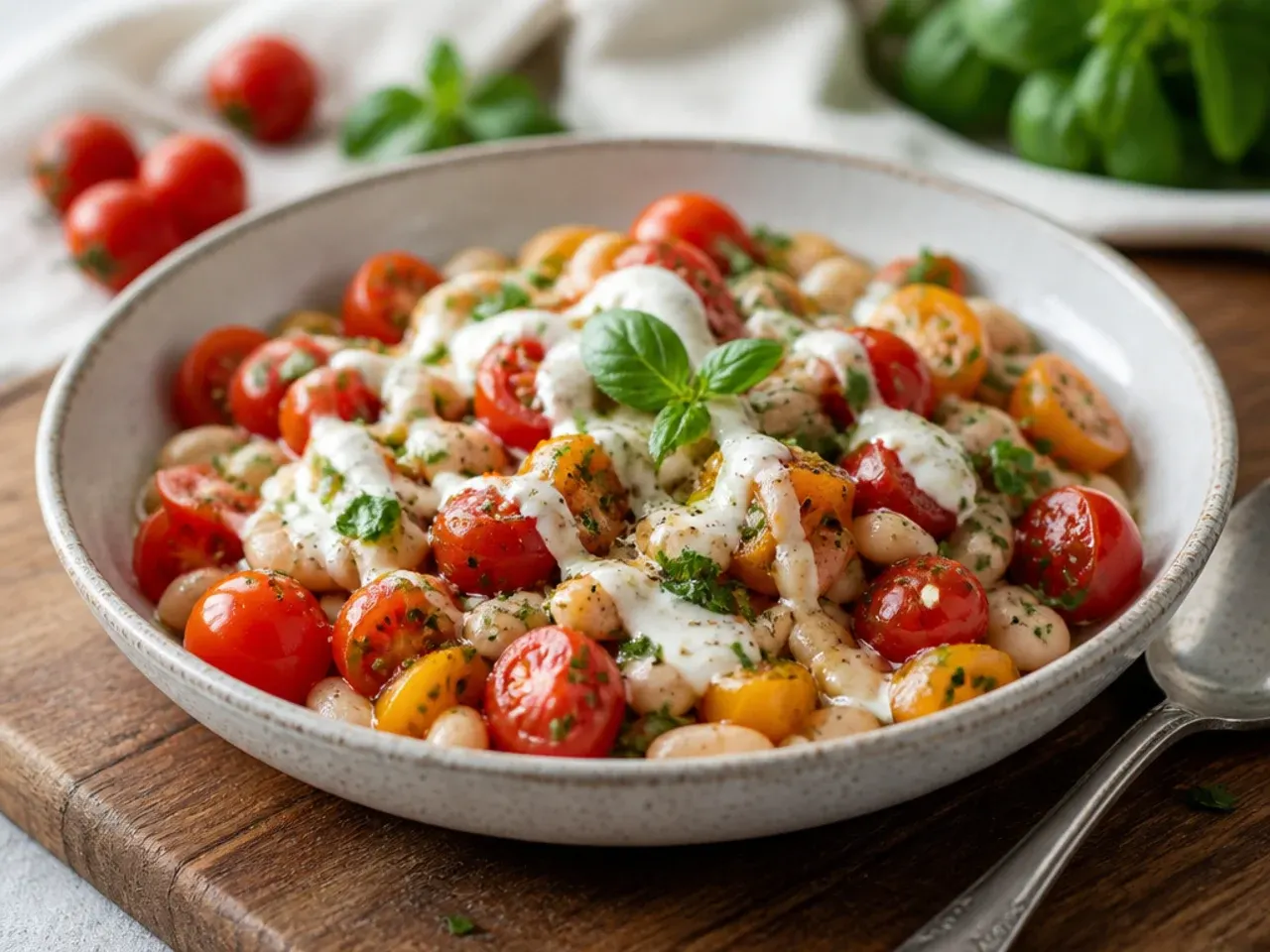 Salad bowl of cherry tomatoes, white beans and red onion tossed in olive oil dressing