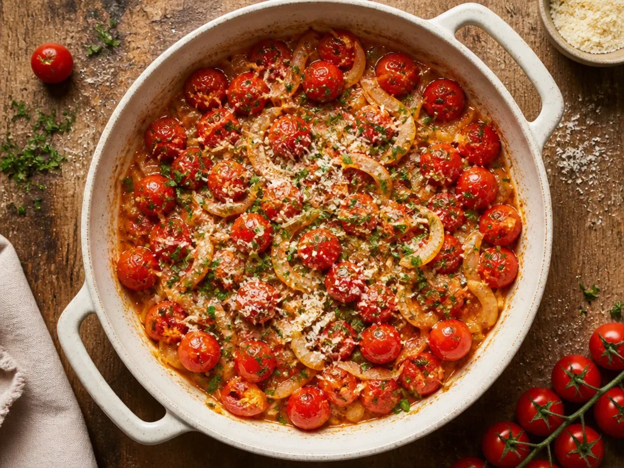Skillet of cherry tomatoes, sliced onion and chickpeas cooking together