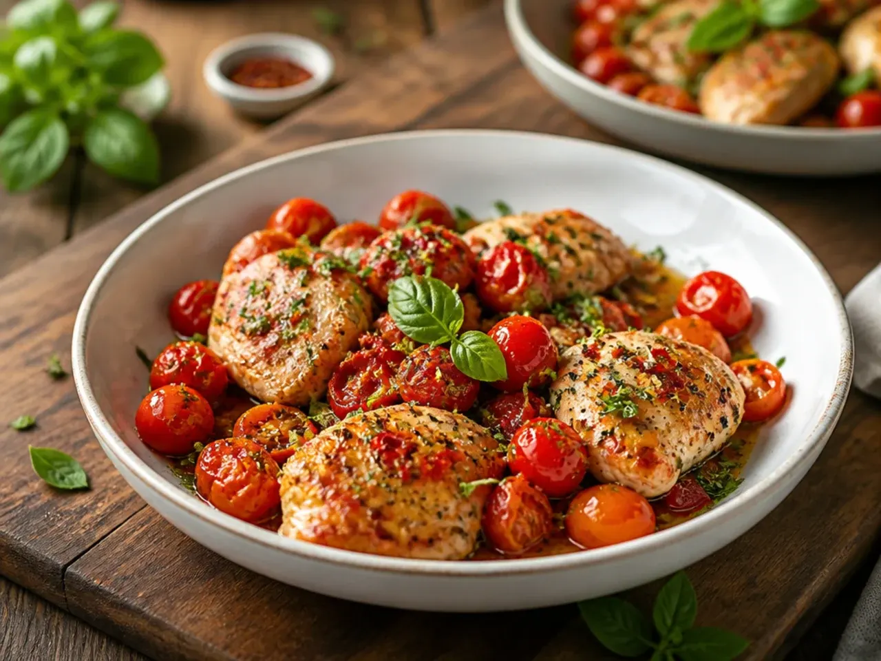 Chicken thighs simmering in a burst cherry tomato and garlic sauce in a cast-iron skillet