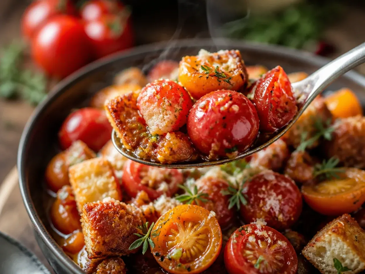 Rustic panzanella salad with torn bread chunks and halved cherry tomatoes