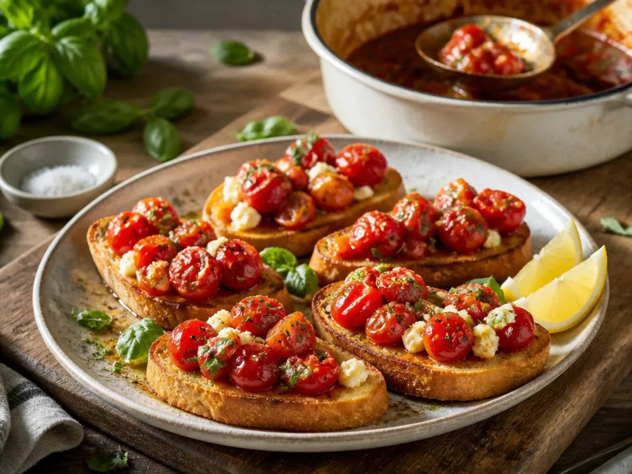 Toasted baguette slices topped with diced cherry tomatoes, basil and a balsamic drizzle