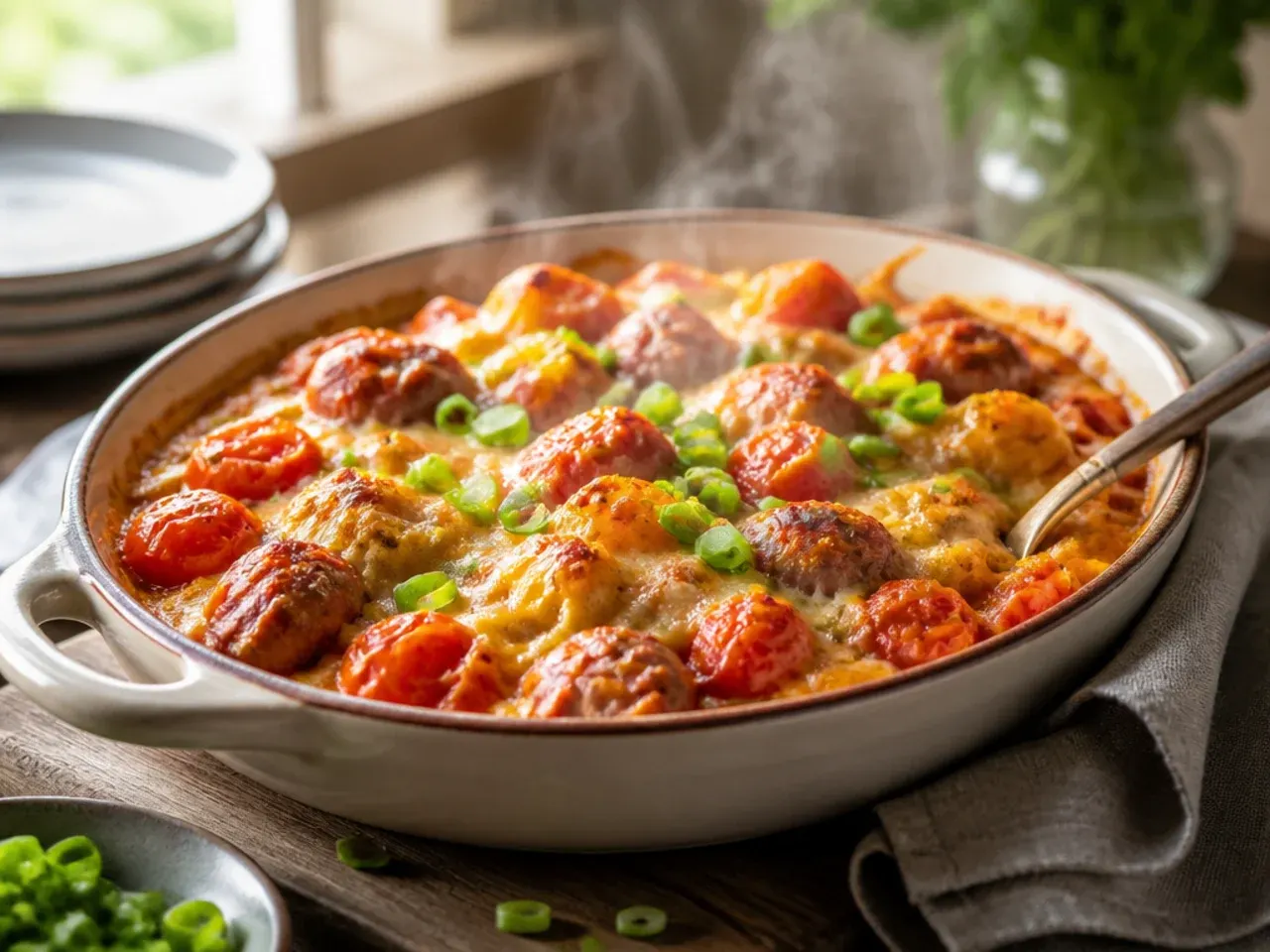 Baking dish of sausages roasted with burst cherry tomatoes and sliced peppers