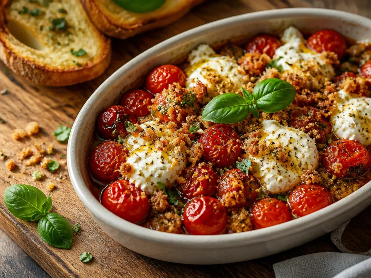 Log of goat cheese topped with warm cherry tomato confit and garlic on a serving plate