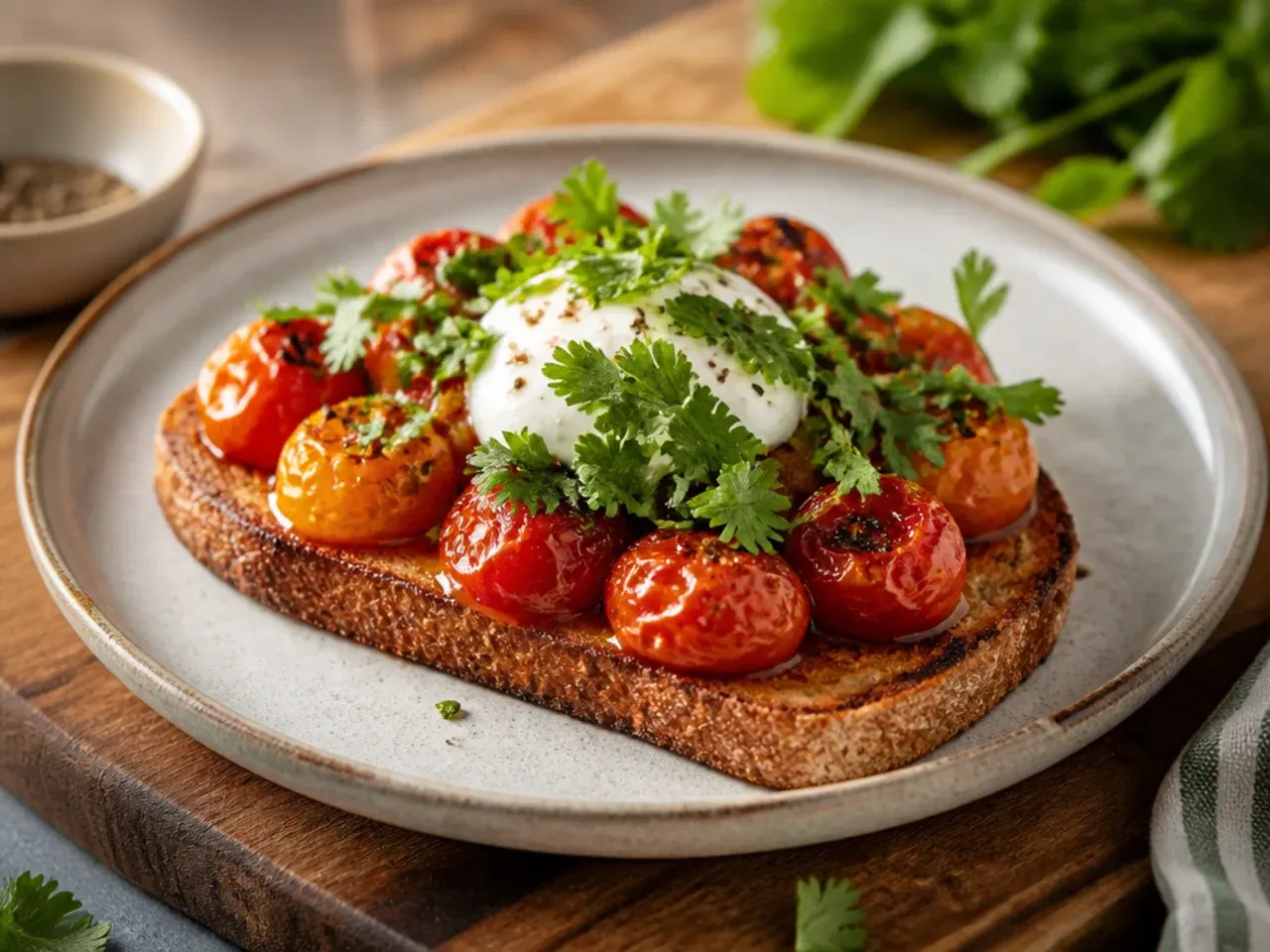 Toasted sourdough topped with blistered cherry tomatoes and crumbled feta