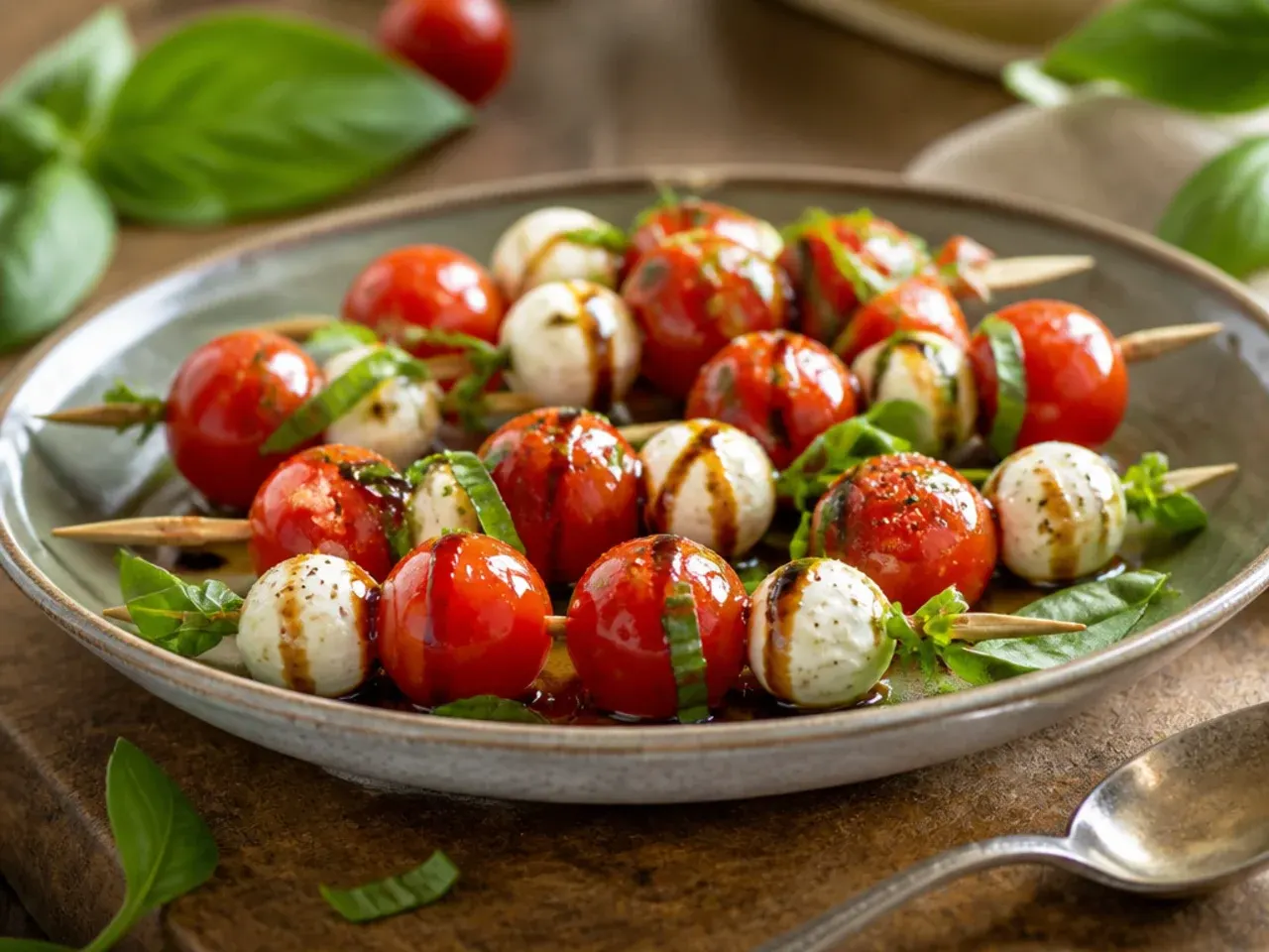 Skewers of cherry tomatoes, mozzarella and basil drizzled with balsamic glaze