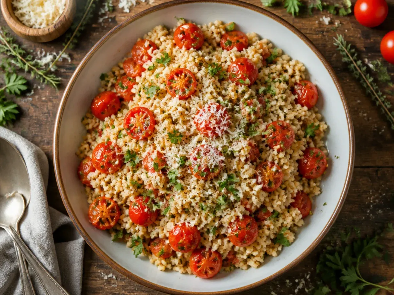 Bowl of couscous mixed with cherry tomatoes, parsley and lemon