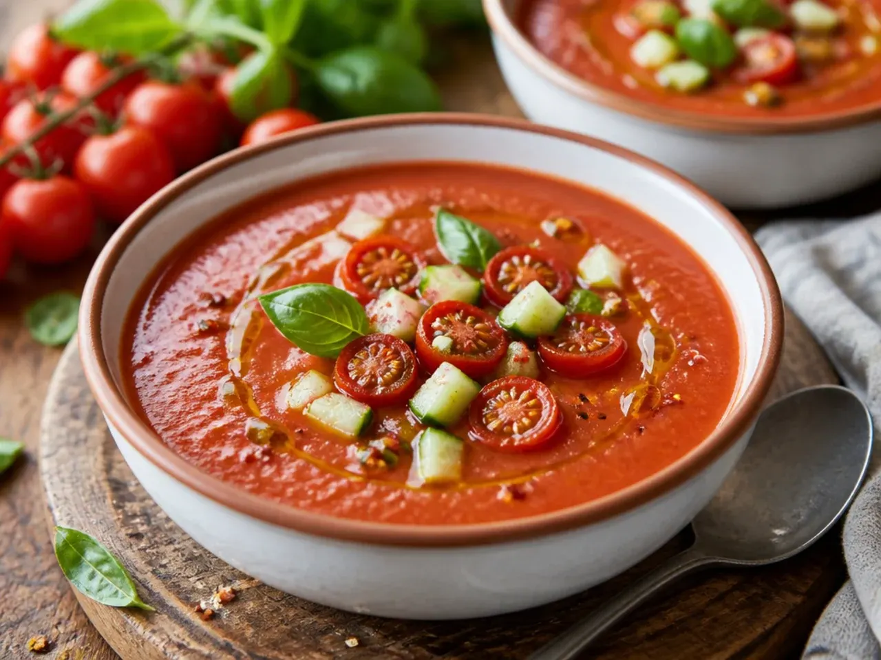 Chilled glasses of cherry tomato gazpacho garnished with diced vegetables and olive oil