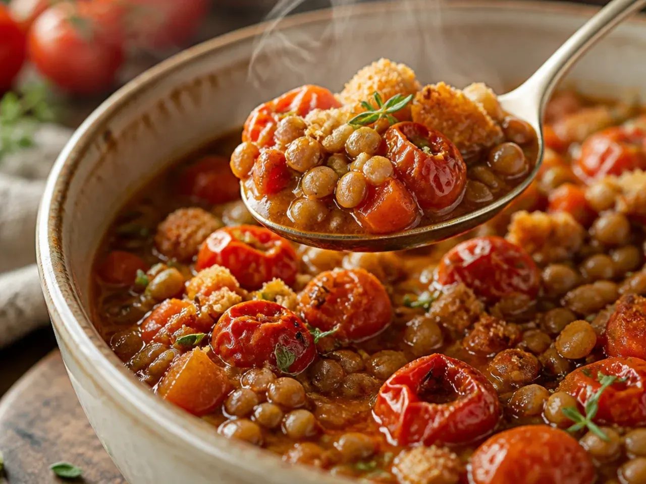 Pot of cherry tomato and lentil stew with a swirl of yoghurt on top