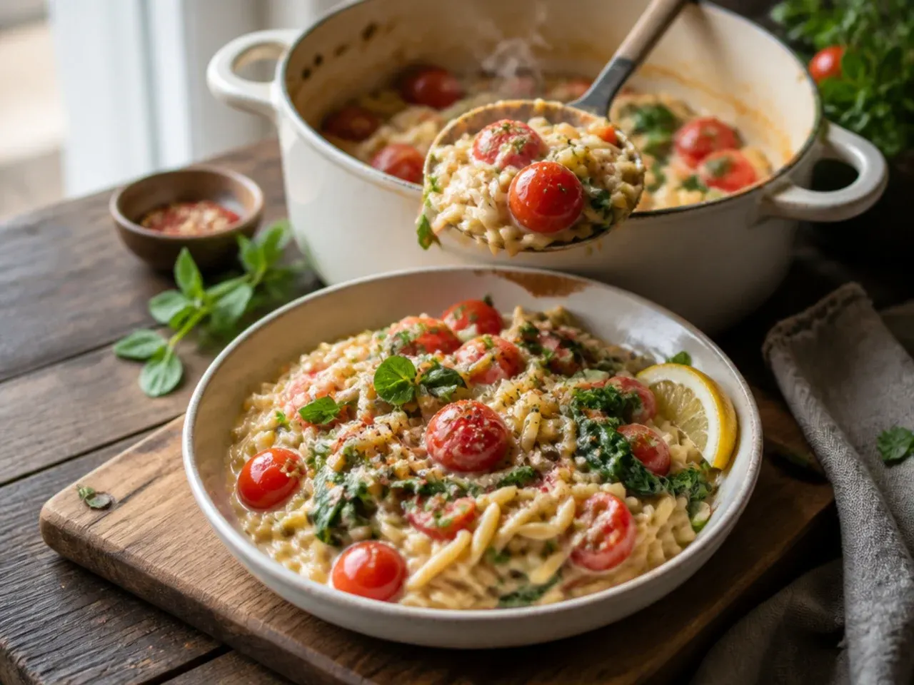 Pan of creamy orzo with wilted spinach and burst cherry tomatoes