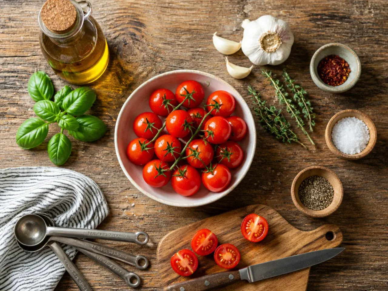 Close-up of a wooden spoon stirring cherry tomatoes and garlic in olive oil