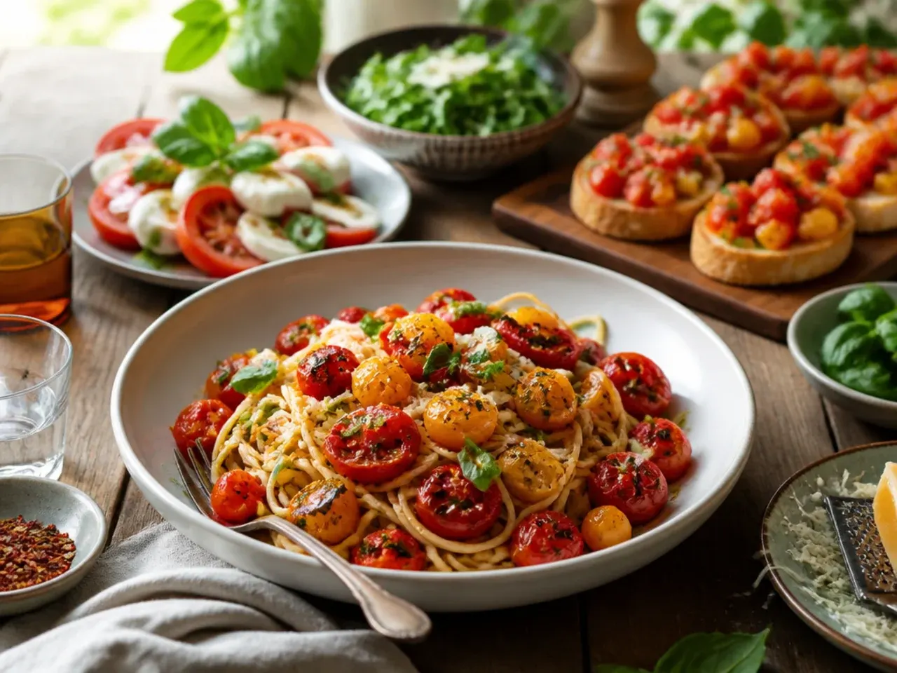 Dinner table set with cherry tomato pasta, a green salad and crusty bread