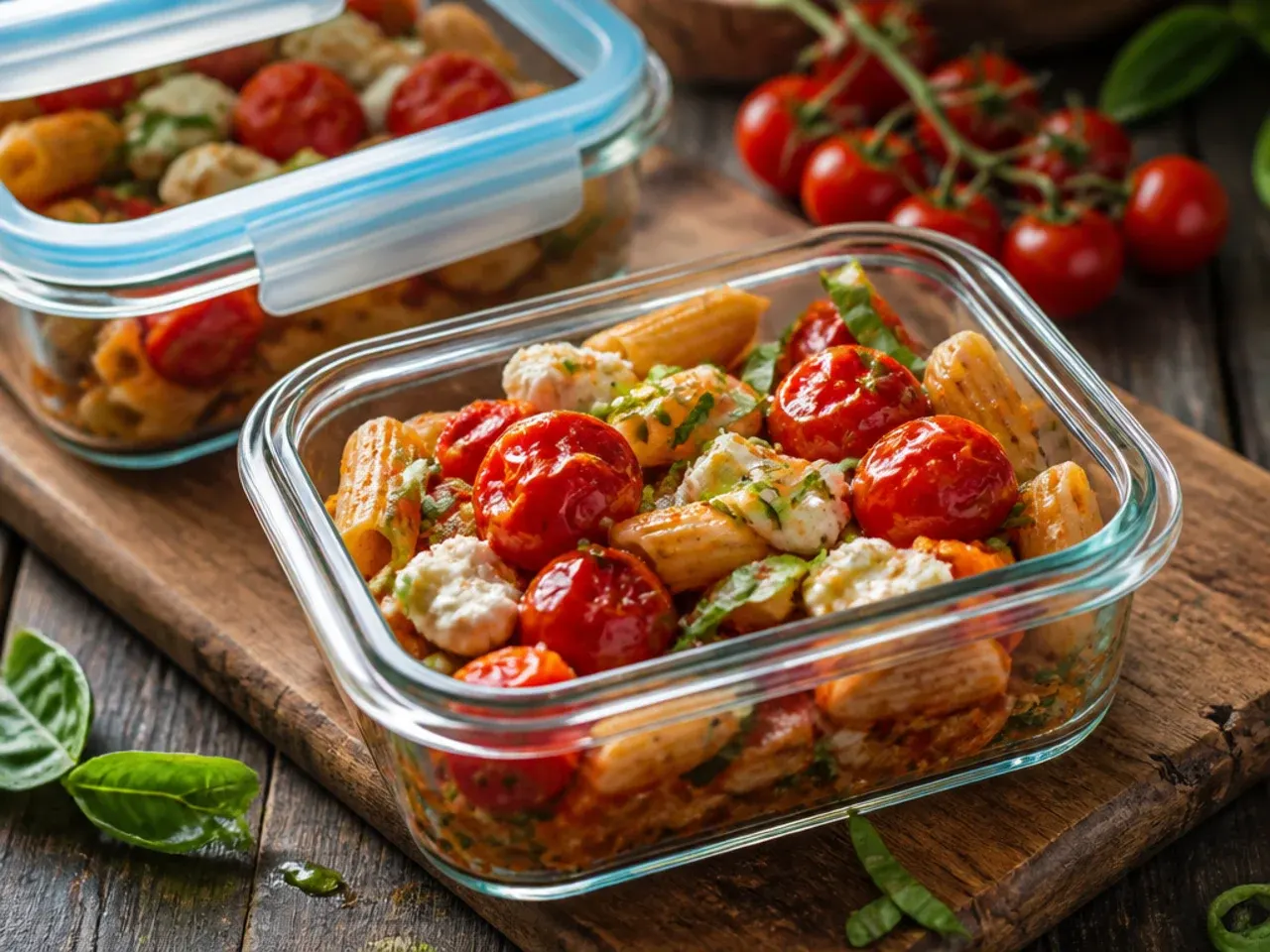 Glass container of leftover cherry tomato pasta stored in the fridge