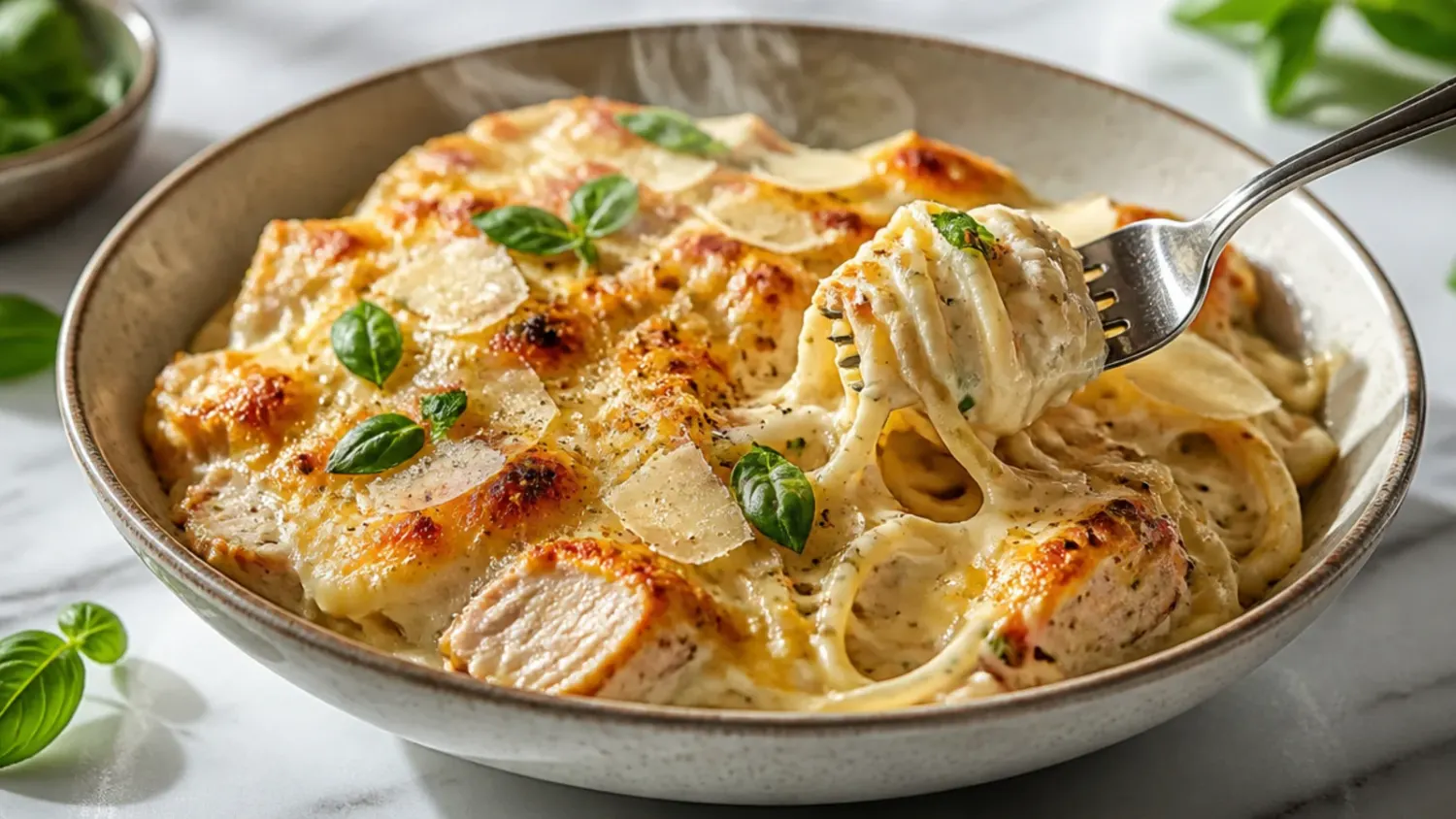 Overhead shot of a bubbling chicken alfredo bake in a white ceramic dish, golden melted mozzarella and a wooden spoon lifting a cheesy portion.