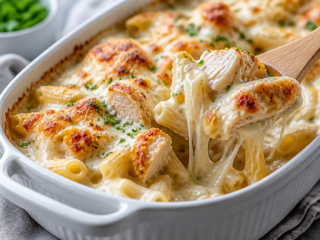 Close-up of creamy chicken alfredo bake in a baking dish with melted cheese pulling from a serving spoon
