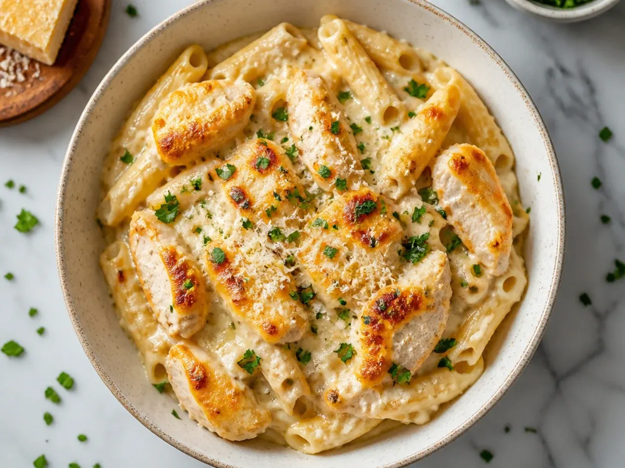 Classic chicken alfredo bake fresh out of the oven with a golden, bubbling cheese top