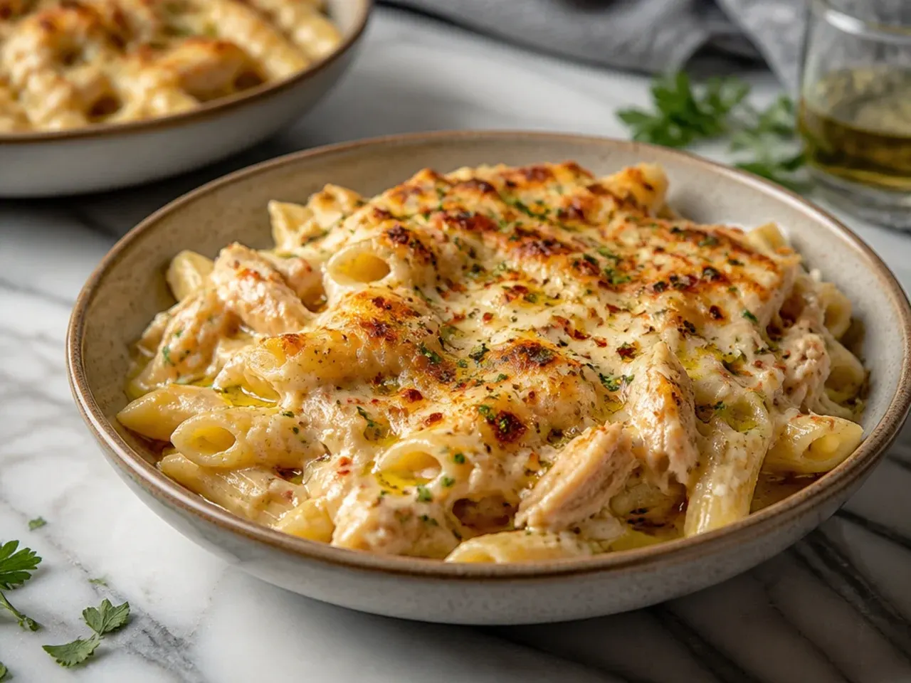 Bowl of shredded rotisserie chicken beside a dish of easy chicken alfredo bake