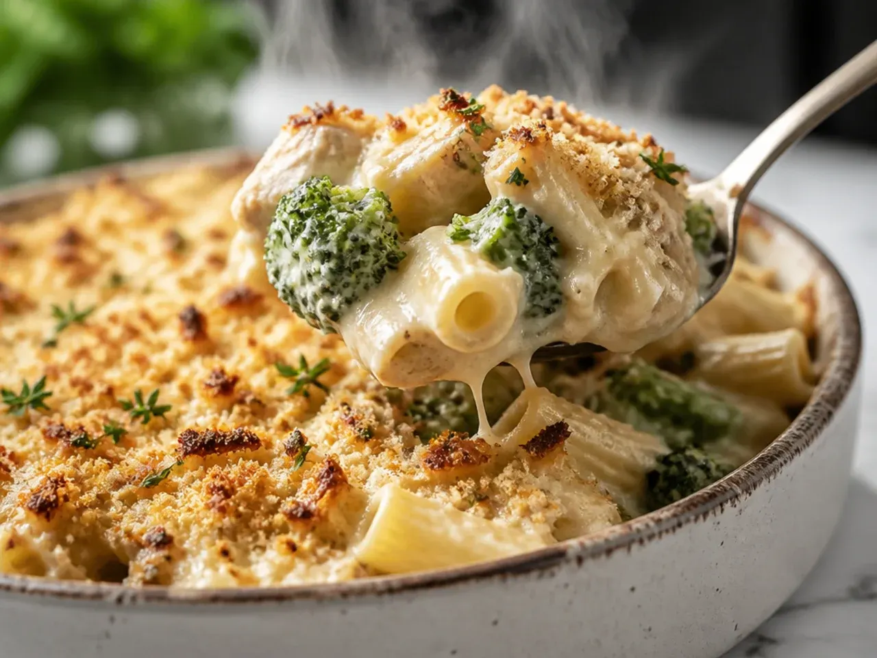 Hearty chicken and broccoli alfredo bake in a casserole dish with visible green florets
