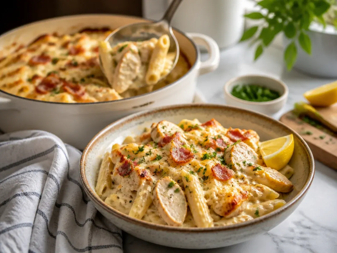 Cozy chicken and bacon alfredo bake topped with crispy bacon bits and melted cheese