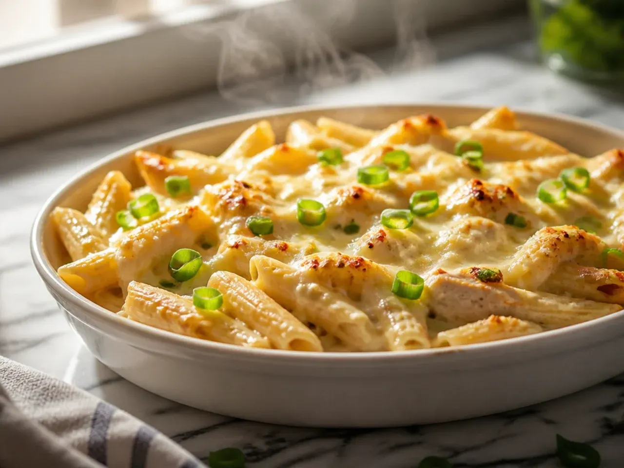 Spoon lifting an extra-creamy three-cheese chicken alfredo bake showing a thick sauce