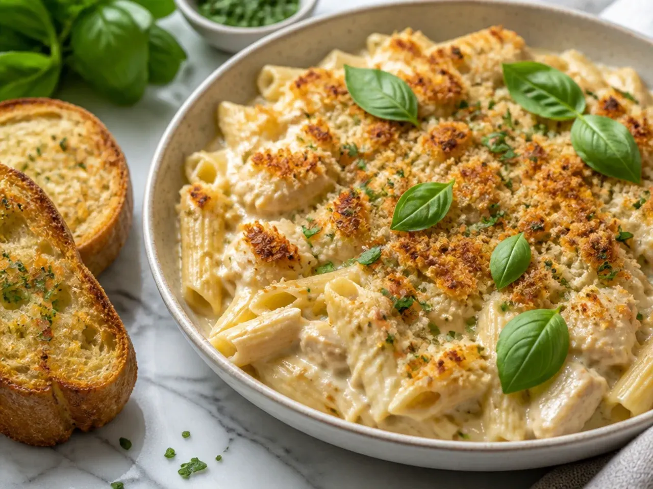 Simple five-ingredient chicken alfredo bake in a dish beside an empty jarred sauce container