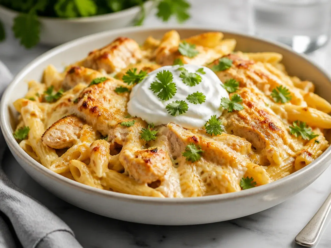 Extra cheesy chicken alfredo bake with a crisp golden breadcrumb topping