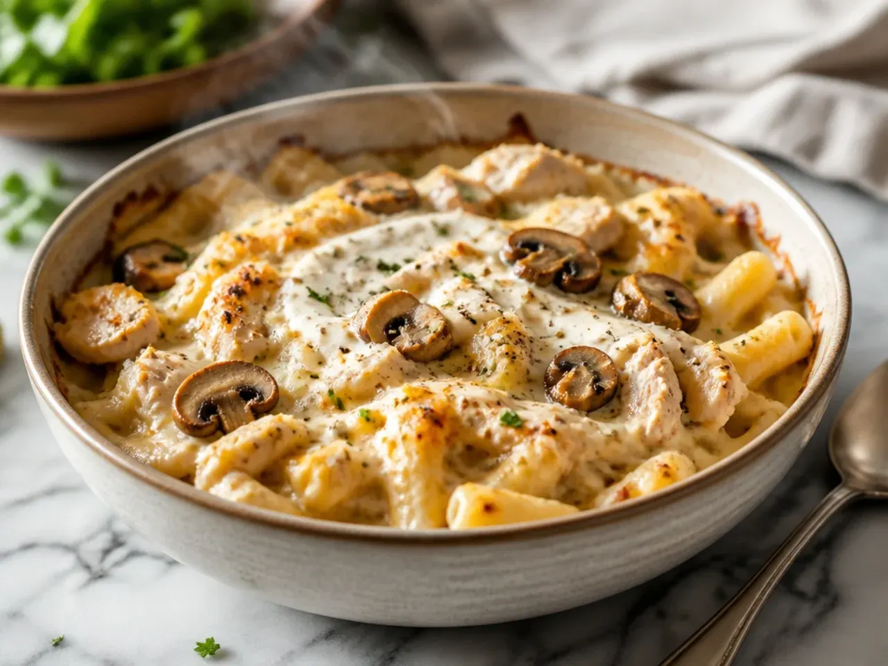 Comforting chicken and mushroom alfredo bake with visible sautéed mushroom slices