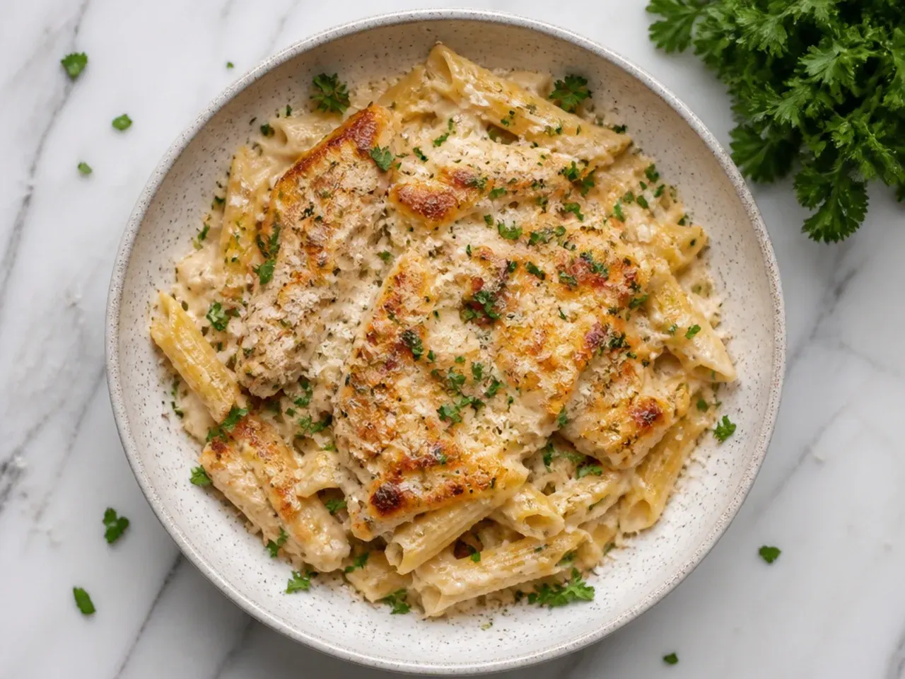 Budget-friendly chicken thigh alfredo bake in a large family-size dish