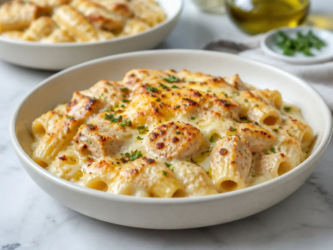 Quick 30-minute weeknight chicken alfredo bake served straight from the oven
