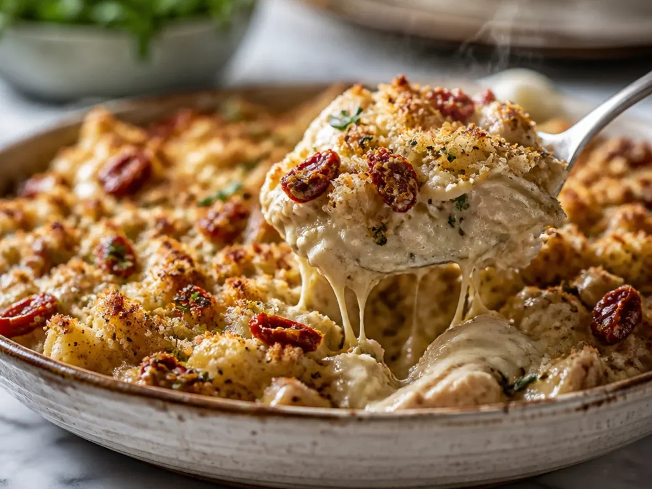 Rustic sun-dried tomato chicken alfredo bake garnished with fresh basil leaves