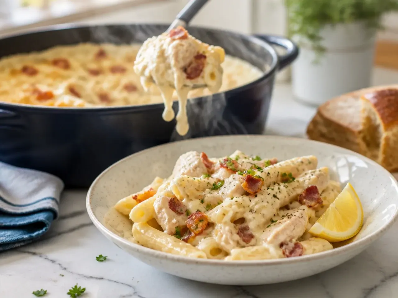 Loaded chicken bacon and ranch alfredo bake topped with cheddar and spring onions