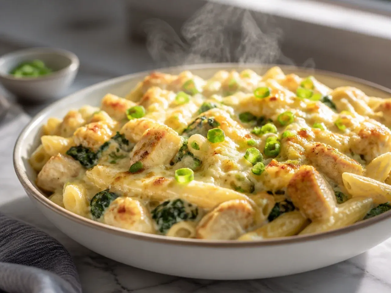 Large family-size chicken and spinach alfredo bake in a big roasting dish