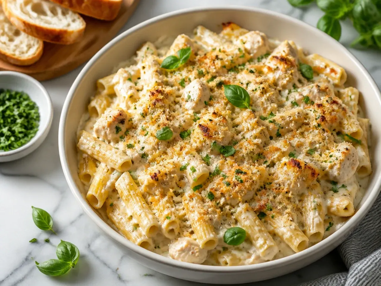 Best-ever garlic parmesan chicken alfredo bake with a deep golden cheese crust