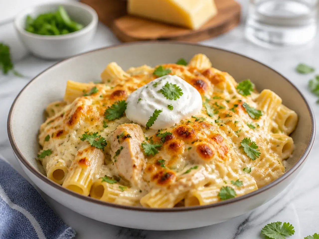 One-pot chicken alfredo bake finished in a cast-iron skillet with golden cheese on top