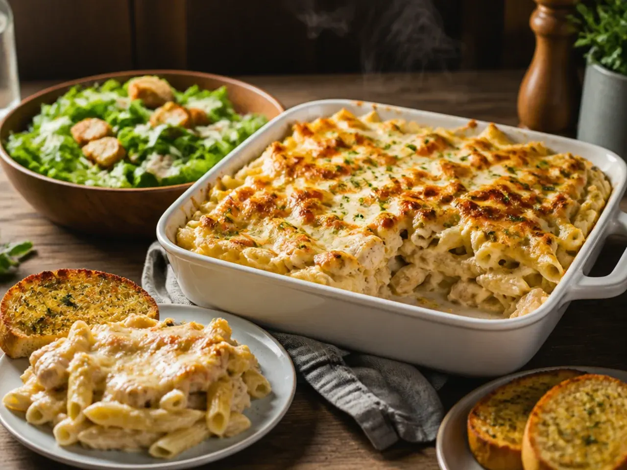 Plated serving of chicken alfredo bake with a side salad and garlic bread