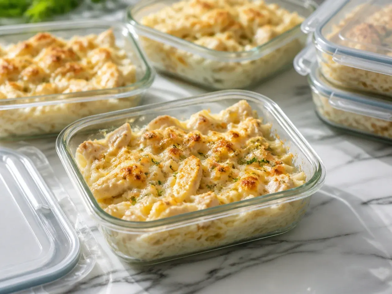Chicken alfredo bake leftovers stored in an airtight container in the fridge