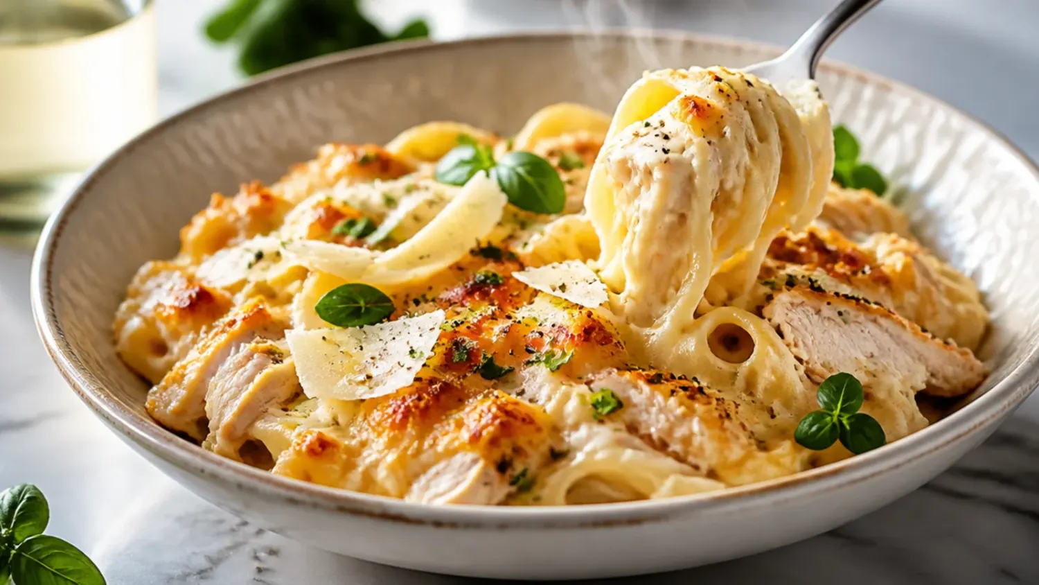 Baked chicken alfredo casserole in a white dish with golden bubbling cheese and a spoon lifting a creamy portion