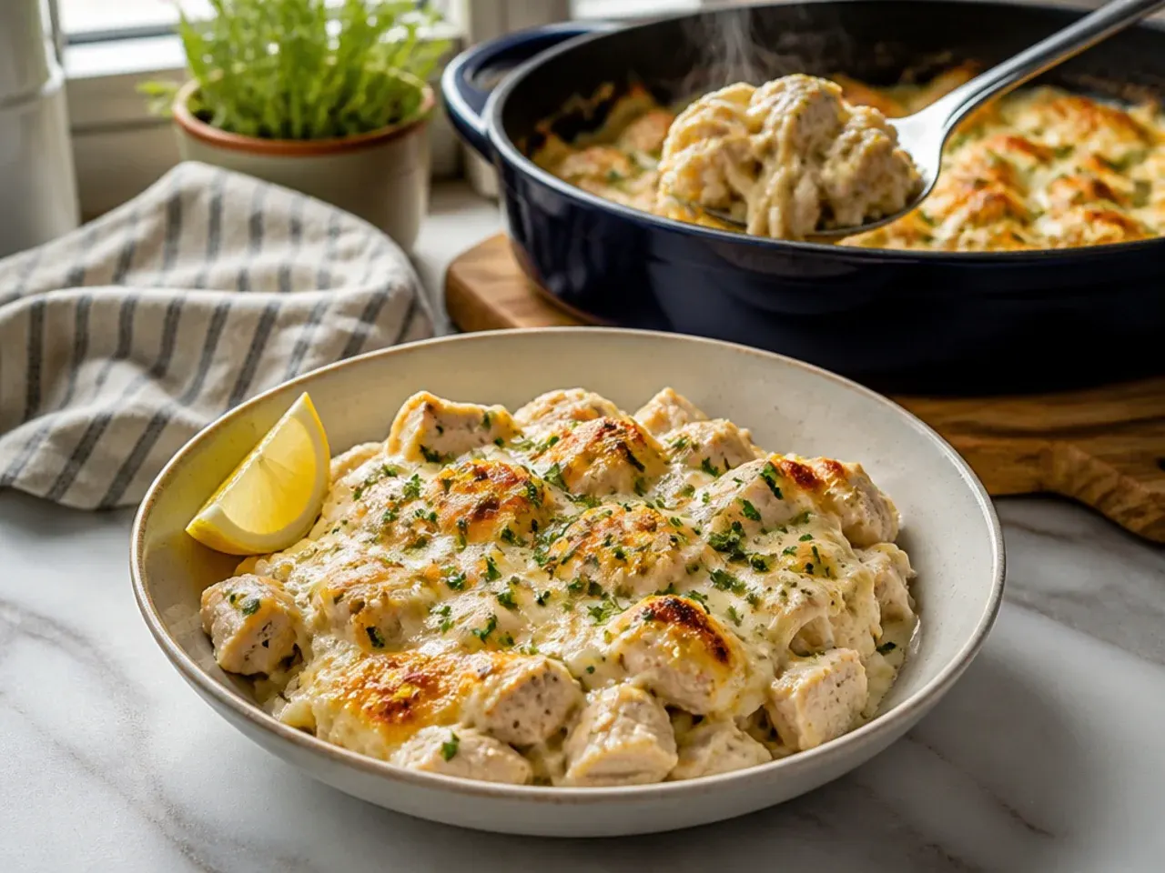 Chicken alfredo casserole resting on a cooling rack after baking