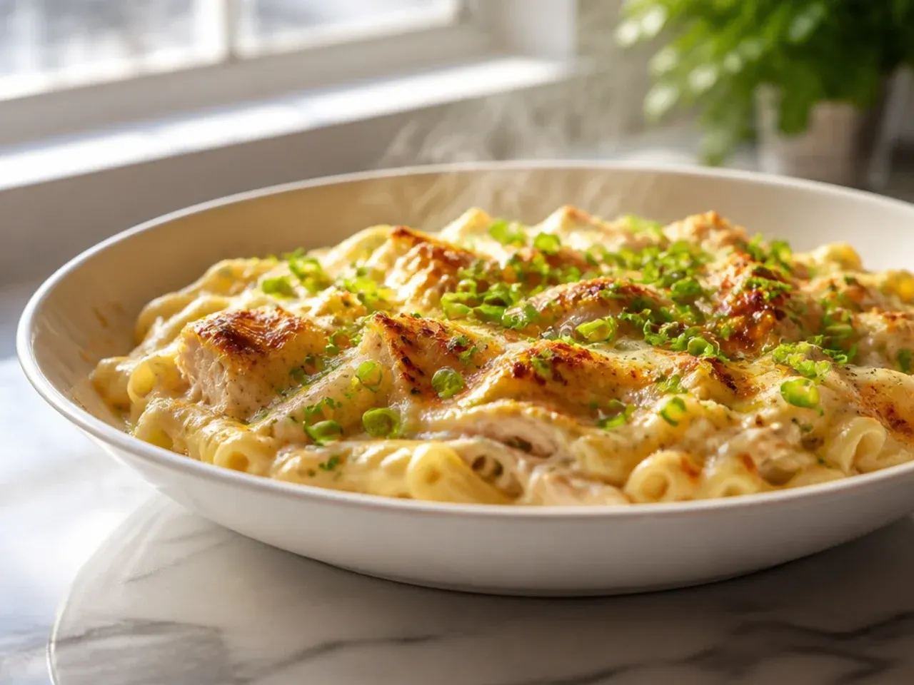 Chicken alfredo casserole in a shallow 9x13 inch baking dish before going into the oven
