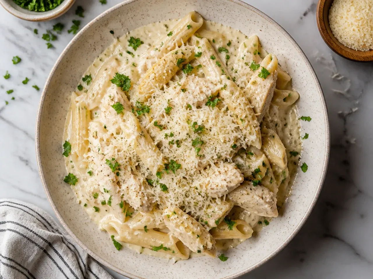 Overhead shot of pasta being coated evenly in alfredo sauce in a mixing bowl