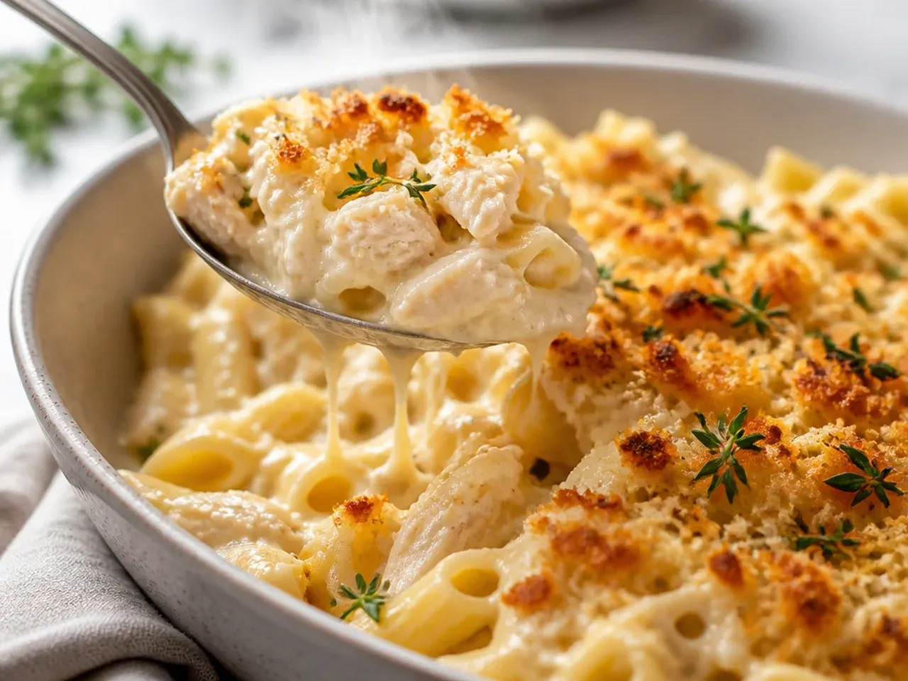 Ladle scooping starchy pasta water from a pot before draining